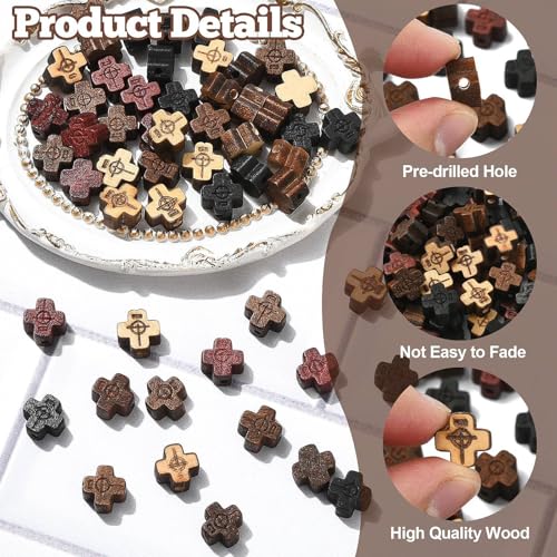 DanLingJewelry 80Pcs 4 Styles Wood Cross Shaped Beads Mini Wooden Crucifix Cross Spacer Beads for Rosary Jewelry Making DIY Crafts