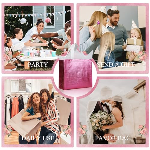 cabzymx 16 Pcs Pink Reusable Gift Bags, Metallic Bling Design Holiday Gift Bag with Handles & Bases, Non-woven Goodie Bag Bulk for Birthday, Wedding, Parties, Graduation- 12.6x4.7x11 In - color: Pink, size: 1 Count (Pack of 16)