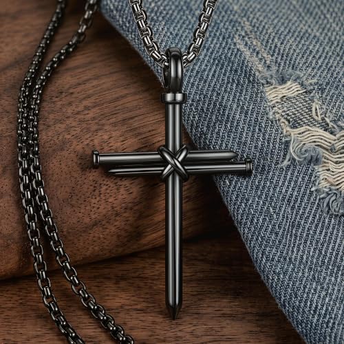 Men's Nail Cross Crucifix Necklace, Stainless Steel Nail Cross Pendant with 24 Inch Box Chain, Silver/Gold/Black Religious Christian Jewelry Gift for Baptism Father's Day Birthday - color: Black