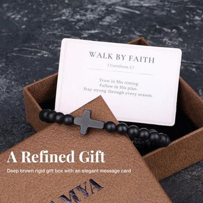 SAMYA Mens Beaded Bracelet, Black Onyx Cross Bracelet - style: WALK BY FAITH-Matte Onyx