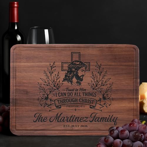 Personalized Christian Cutting Board, Custom Engraved Jesus Cross Gift with Family Name and Bible Verse, Religious Gift for Wedding, Anniversary, Housewarming