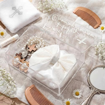 First Communion Keepsake Box Acrylic Baptism Memory Gift Box for Boy Girl Catholic Religious First Holy Communion Prayer Storage Gift for Rosary Jewelry Memento Photo, 8 x 5.5 x 2.36 Inch