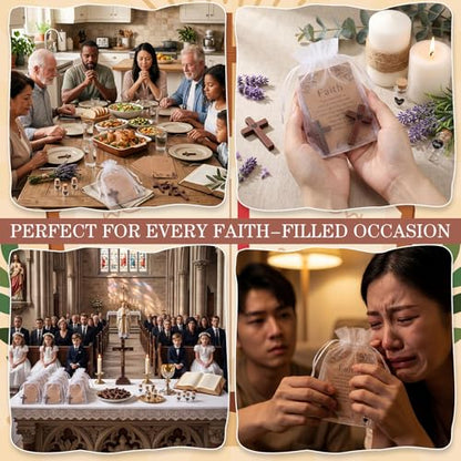 60 Set Pocket Hug Token Wooden Pocket Cross Faith Glass Bottles Prayer Card Organza Bags Wooden Cross Bulk Religious Christian Gifts for Friends Family Colleagues Church