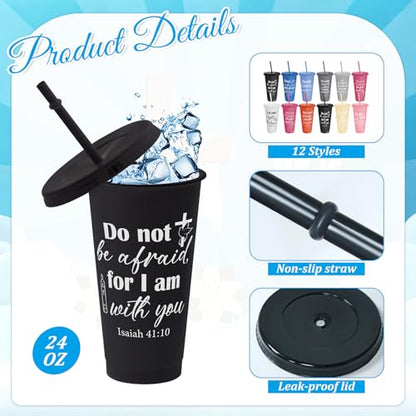 Cinrobiye 24 Pack Christian Tumblers with Lids and Straws, 24 oz Bible Verse Cups Bulk, Reusable Plastic Cups with Scripture, Religious Gifts Bulk for Church Events, Baptism, Bible Faith Celebrations - color: Morandi2