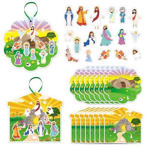 JUESMOS 16PCS Make an Easter He Lives Sticker Scenes for Kids Religious Easter Stickers Craft Resurrection Scene Sticker Ornaments for Tree Decor Christian Jesus Stickers Spring Party Favor
