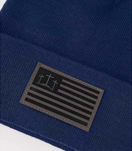 Christian Cross Beanie Hats for Men Women, Faith Winter Cuffed Hats, Religious Gifts for Thanksgiving Christmas New Years - color: Dark Blue, style: Three Cross Flag