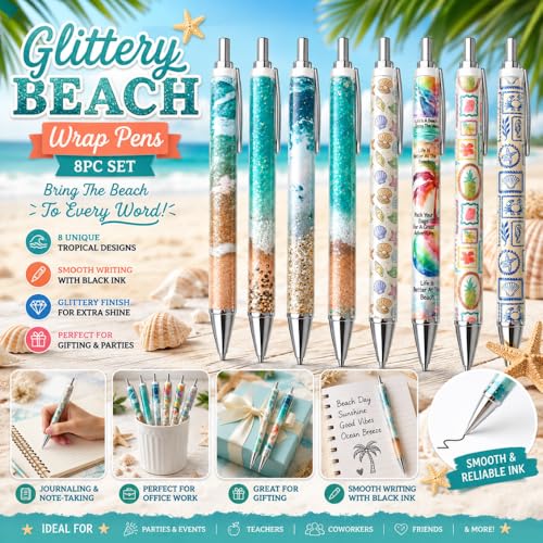 8PC Glittery Beach Pens Cute Sparkly Sea Shells Coconut Trees Sea Animals Ocean Tropical Theme Pen Party Treats Office Supplies Summer Cruise Gifts For Travelers Coworkers Friends Teachers Nurses - style: Beach