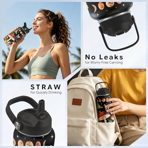 Mushroom Gift for Women, 26oz Water Bottle with Handle for Girl Friends - color: Mushroom-Black