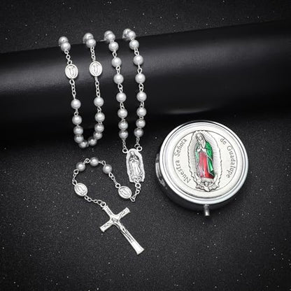 KOMI 6mm Glass Pearl Rosary Beads Catholic for Women with Metal Rosary Box Religious Gifts - style: Guadalupe-white