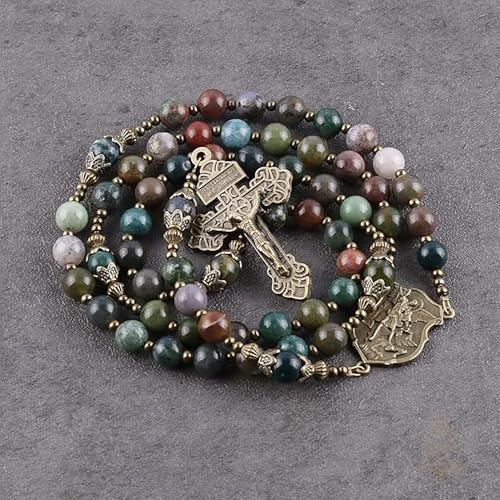 Catholic Town 8mm India Agate Natural Stone Beads, Large Rosary with Caps Saint Michael the Archangel Medal and Pardon Crucifix (CTROSSMA-IA)