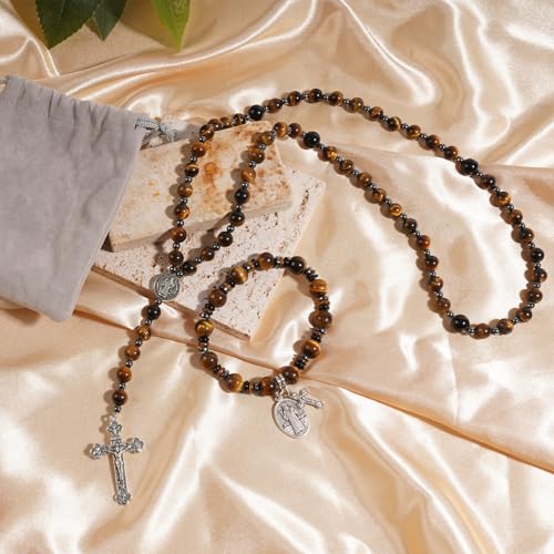 Rosary for Men Women, Natural Stone Beads with St. Benedict Bracelet - color: Tiger Eye