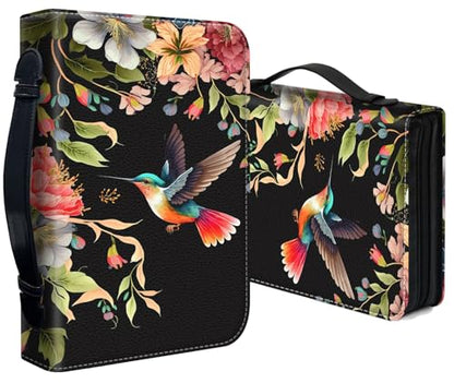 Bible Cover for Women Large PU Leather Zippered Bible Case with Handle and Flower Hummingbird Design, Christian Bible Cover for Girls & Women, Cover Fits Standard 9.5"x7.5"x2.3" Bible - color: Flower Hummingbird
