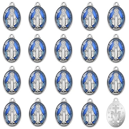40Pcs Oval Alloy Blue Enamel Catholic Medalla Milagrosa de La Virgen Maria Charm Pendant for Diy Rosary Necklace Mexican Bracelet Jewelry Making