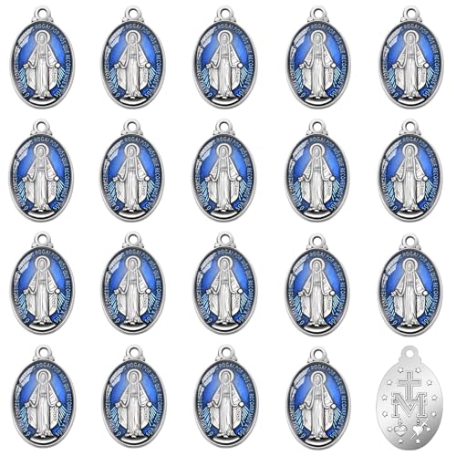 40Pcs Oval Alloy Blue Enamel Catholic Medalla Milagrosa de La Virgen Maria Charm Pendant for Diy Rosary Necklace Mexican Bracelet Jewelry Making