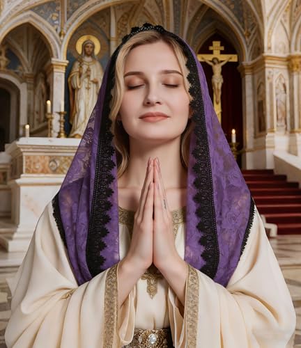 YHDDYG Infinity Veil for Catholic Mass Lace Infinity Scarf Church Veil for Girls Mantilla Infinity Veils Roses S97 - color: Purple Infinity