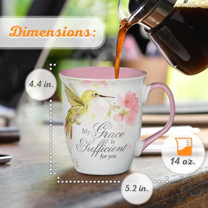 Christian Art Gifts Large Ceramic Inspirational Scripture Coffee & Tea Mug for Women: Grace is Sufficient Silver Bible Verse, Cute Lime Green Hummingbird Novelty Drinkware, White/Pink Floral, 14 oz. - color: Pink/Grace