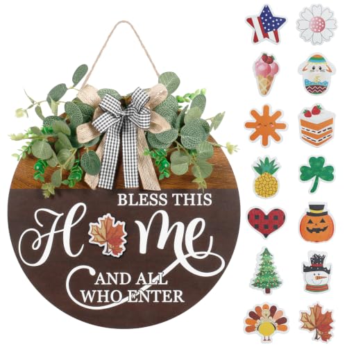 Interchangeable Seasonal Welcome Sign for Front Door, Rustic Round Wood Wreath Wall Hanging Decorations, for Spring Summer Fall Winter All Holiday Halloween Christmas Farmhouse Outdoor Home Decor