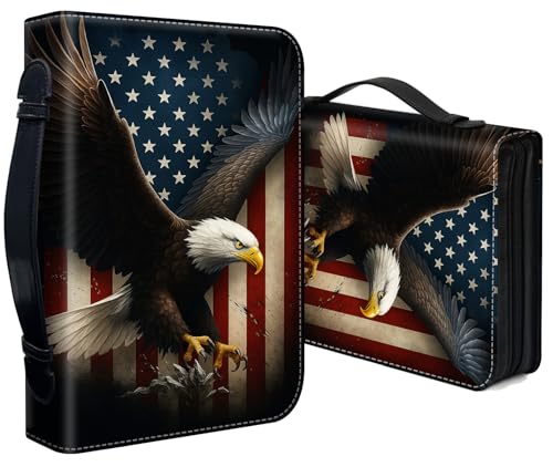 Bible Cover for Women Large PU Leather Zippered Bible Case with Handle and Bald Eagle USA Flag Design, Christian Bible Cover for Girls & Women, Cover Fits Standard 9.5"x7.5"x2.3" Bible - color: Bald Eagle Usa Flag