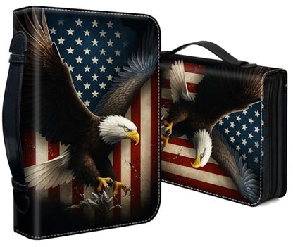 Bible Cover for Women Large PU Leather Zippered Bible Case with Handle and Bald Eagle USA Flag Design, Christian Bible Cover for Girls & Women, Cover Fits Standard 9.5"x7.5"x2.3" Bible - color: Bald Eagle Usa Flag