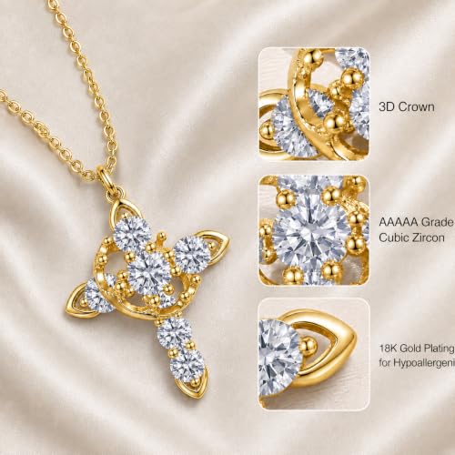 Cross Necklace 18k Gold Plated Christian Faith Jewelry Gift for Women - color: Crown-Gold