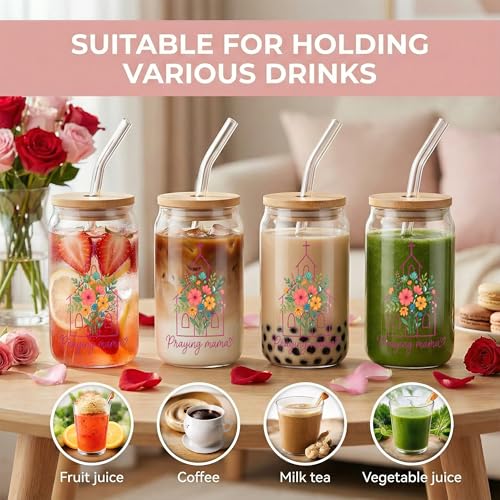 Praying Mama Floral Christian Glass Cups With Wood Lids And Straws, Women Of The Bible Glass Tumbler, Glass Can With Design, Mothers Day Gift Glass Cup, Bridal Party Gifts, Mom Iced Coffee Mug