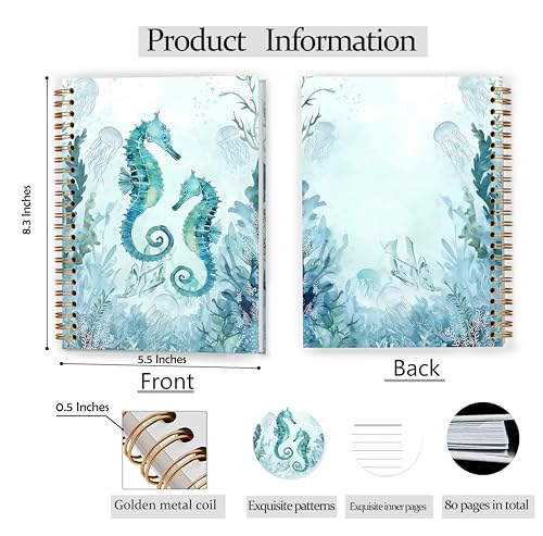 GDJIEGBC Teal Seahorse Ocean Beach Notebook, Coastal Beach Journal for Women, Ocean Lover Gifts, Marine Biology Gifts, Watercolor Seahorse Marine Life Spiral Notebook Journal 5.5x8.3 - color: Color 02