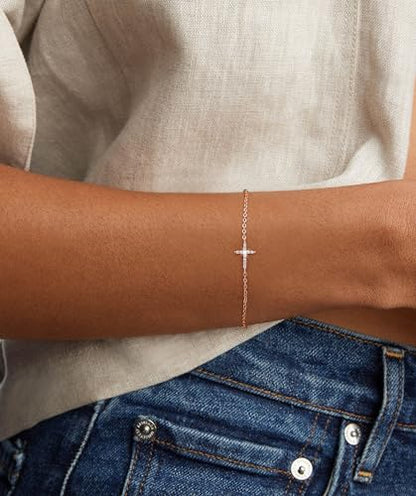 Moodear Cross Bracelet for Women, Dainty Sterling Silver/Gold Plated Gift - color: CZ Rose Gold Cross Bracelet