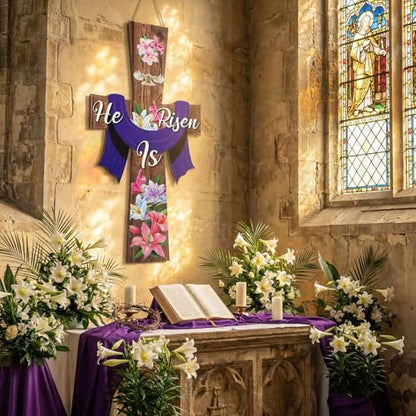 Meooeck Large Easter He Is Risen Door Sign Wooden Religious Cross Hanging Decor Easter Wreaths for Front Door Christian Flowers Lent Hanging Hanger for Farmhouse Front Porch - style: He is Risen