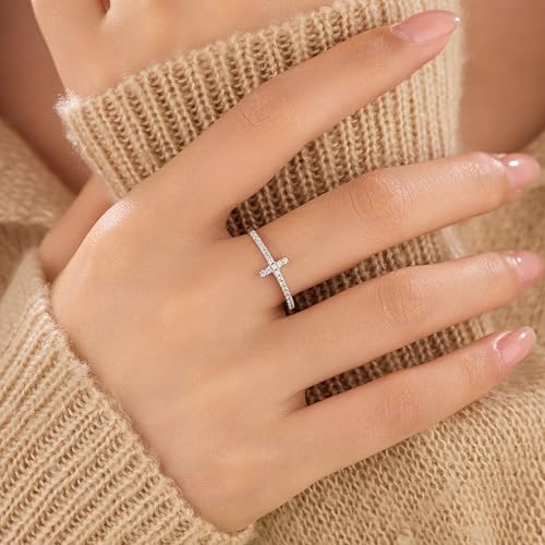 925 Sterling Silver Cubic Zirconia Heart Cross Rings for Women - color: Silver