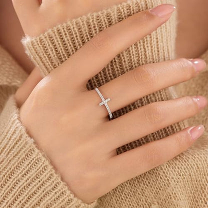 925 Sterling Silver Cubic Zirconia Heart Cross Rings for Women - color: Silver
