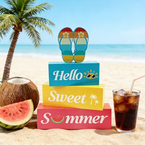 4 Pcs Hello Sweet Summer Wooden Block Sign Flip Flops Table Centerpiece Summer Tiered Tray Decor Farmhouse Table Sign Beach Decor for Home Office Desk Shelf Mantel - style: Flip