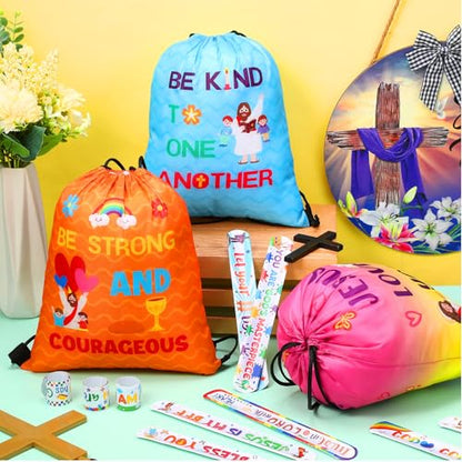 Frienda 20 Pcs Christian Party Favors Includes 10 Bible Verse Drawstring Backpack Bags and 10 Religious Slap Bracelets for VBS Birthday Gifts Church Sunday School Prizes Supplies(Stylish) - style: Stylish