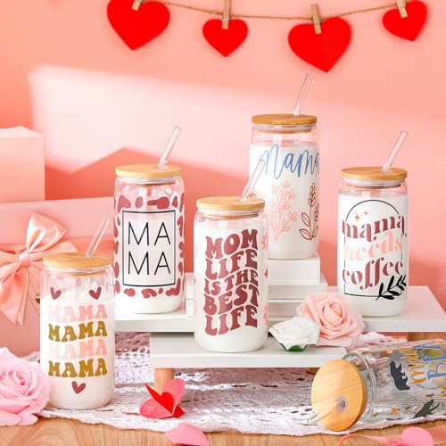 SiliFine 6 Pcs Mama Glass Cups, 16 oz with Lids and Straws - style: Mama