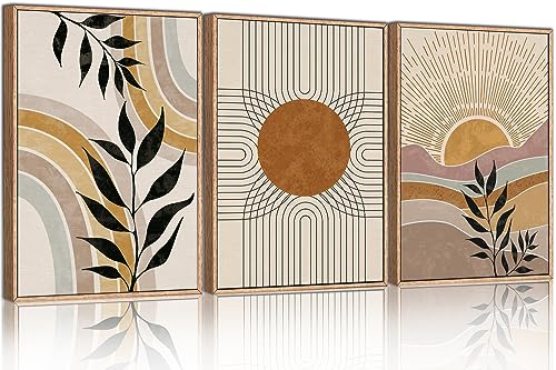 HPINUB Boho Framed Canvas Wall Art Prints, Set of 3 Mid Century Modern Wall Decor, Nature Plants Desert Sun Art Paintings, Bohemian Artwork for Living Room, Bedroom, Dining Room, Office - 16"x24"x3 - color: Nature Boho Wall Art, size: 16"L x 24"W