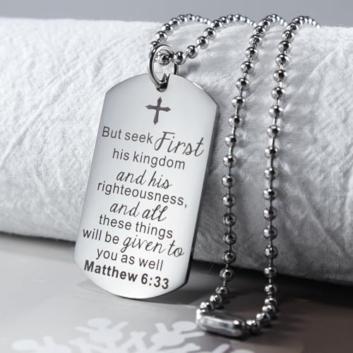 Christian Scripture Religious Dog Tag Necklace,Catholic Bible Verse Baptism Confirmation Sacrament Gifts - style: Matthew 6:33