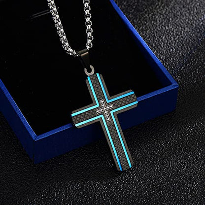 Holizaly Men's Cross Necklace 316L Stainless Steel Pendant White/Gold/Black/Blue Rolo Chain-Gift Box Included - color: Blue black-C