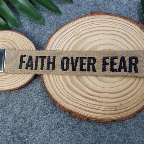 FAITH OVER FEAR embroidered keychain, Christian Gifts, Religious Gifts, Thanksgiving Gift - color: Camel Beige - White
