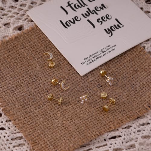 Flat Back Earrings - 14K Gold Plated Tiny CZ Butterfly Cross Moon Flat Back Stud Earrings Dainty Cartilage Earring Set Hypoallergenic Helix Earrings for Women Trendy Tragus Piercing Jewelry - color: Gold-Set4