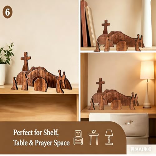 Christian Table Decor Empty Tomb Easter Scene and Cross Decoration for Home Decor, 7PCS Christian Nativity Sets & Figures Tabletop for Living Room, Console Table, Bookshelf, Tv Stand, Entryway