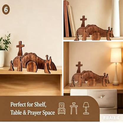 Christian Table Decor Empty Tomb Easter Scene and Cross Decoration for Home Decor, 7PCS Christian Nativity Sets & Figures Tabletop for Living Room, Console Table, Bookshelf, Tv Stand, Entryway