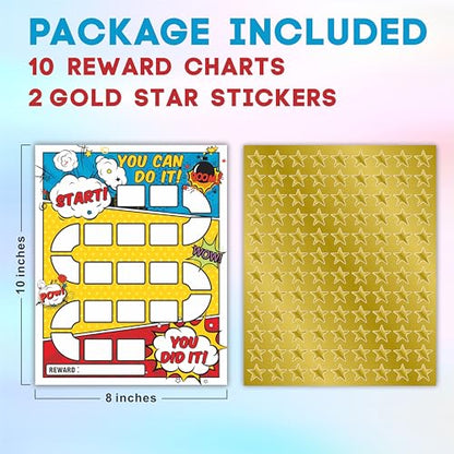 10 Reward Chart with 206 Golden Star Stickers-Comic Theme-Incentive Chart,Positive Behavior Reward Chart for Kids,Toddler Homework Assignments, Attendance(8"X10")-A02 - color: Comic