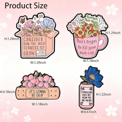 MemeChic 4PCS Inspirational Flower Enamel Pins Set，Christian Faith Bible Verse Luke 12:27 Religious Brooch, Encouragement Gifts for Women Men, Mental Health Positive Affirmation Lapel Pins for Jacket Backpack