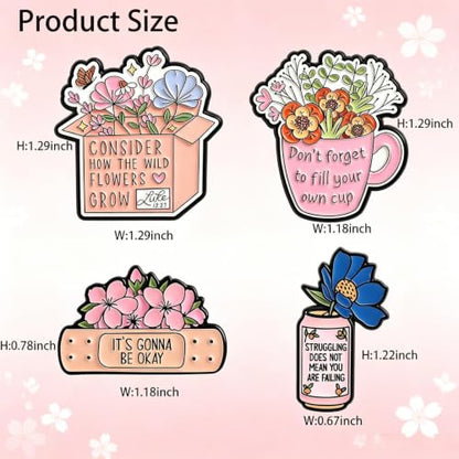 MemeChic 4PCS Inspirational Flower Enamel Pins Set，Christian Faith Bible Verse Luke 12:27 Religious Brooch, Encouragement Gifts for Women Men, Mental Health Positive Affirmation Lapel Pins for Jacket Backpack