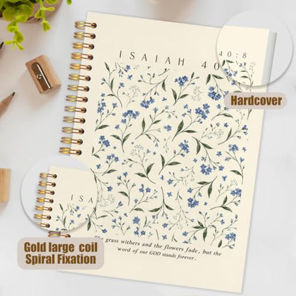 NATSUNO Blue Floral Christian Spiral Notebook Journal 5.5x8.3in - color: White Blue Floral