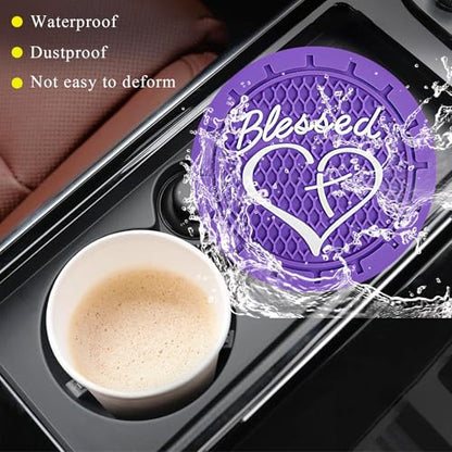 KVAEY 2 PCS Car Cup Holder Coasters, 2.76 Inch Anti Slip Vehicle Drink Mats with Cute Blessed Cross and Heart, Shockproof, Universal Car Accessories (Purple, 2 PCS) - color: Purple, size: 2 PCS