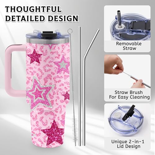 Pink Star 40oz Tumbler with Handle & Straw, Gifts for Women - color: Star-Pink