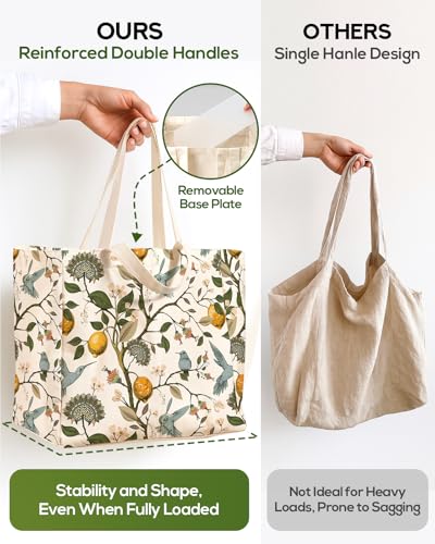 Miss Adola Extra Large Canvas Grocery Tote Bag - color: Lemon & Birds