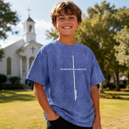 Boys Christian Shirts for Kids Jesus God Bible Verse Religious Faith T Shirt Youth Acid Wash Cross Graphic Tees Tops - color: Blue, size: 7-8 Years