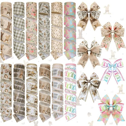 12 Rolls Easter Bunny Wired Edge Ribbon for Wreaths 2 Inch x 60 Yards Happy Easter Floral Bunny Print Grosgrain Ribbon for Bow Gift Bow Crafts Party Supplies 12 Styles - style: Brown Easter