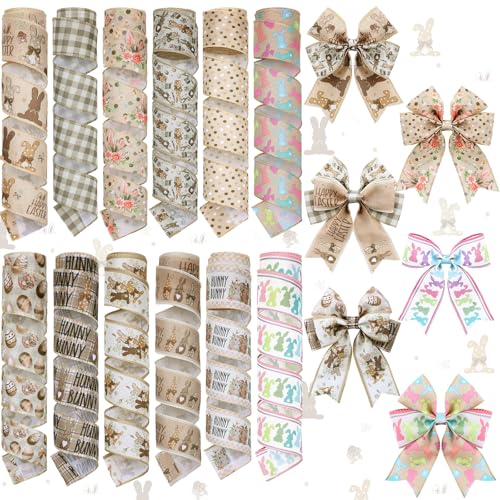 12 Rolls Easter Bunny Wired Edge Ribbon for Wreaths 2 Inch x 60 Yards Happy Easter Floral Bunny Print Grosgrain Ribbon for Bow Gift Bow Crafts Party Supplies 12 Styles - style: Brown Easter